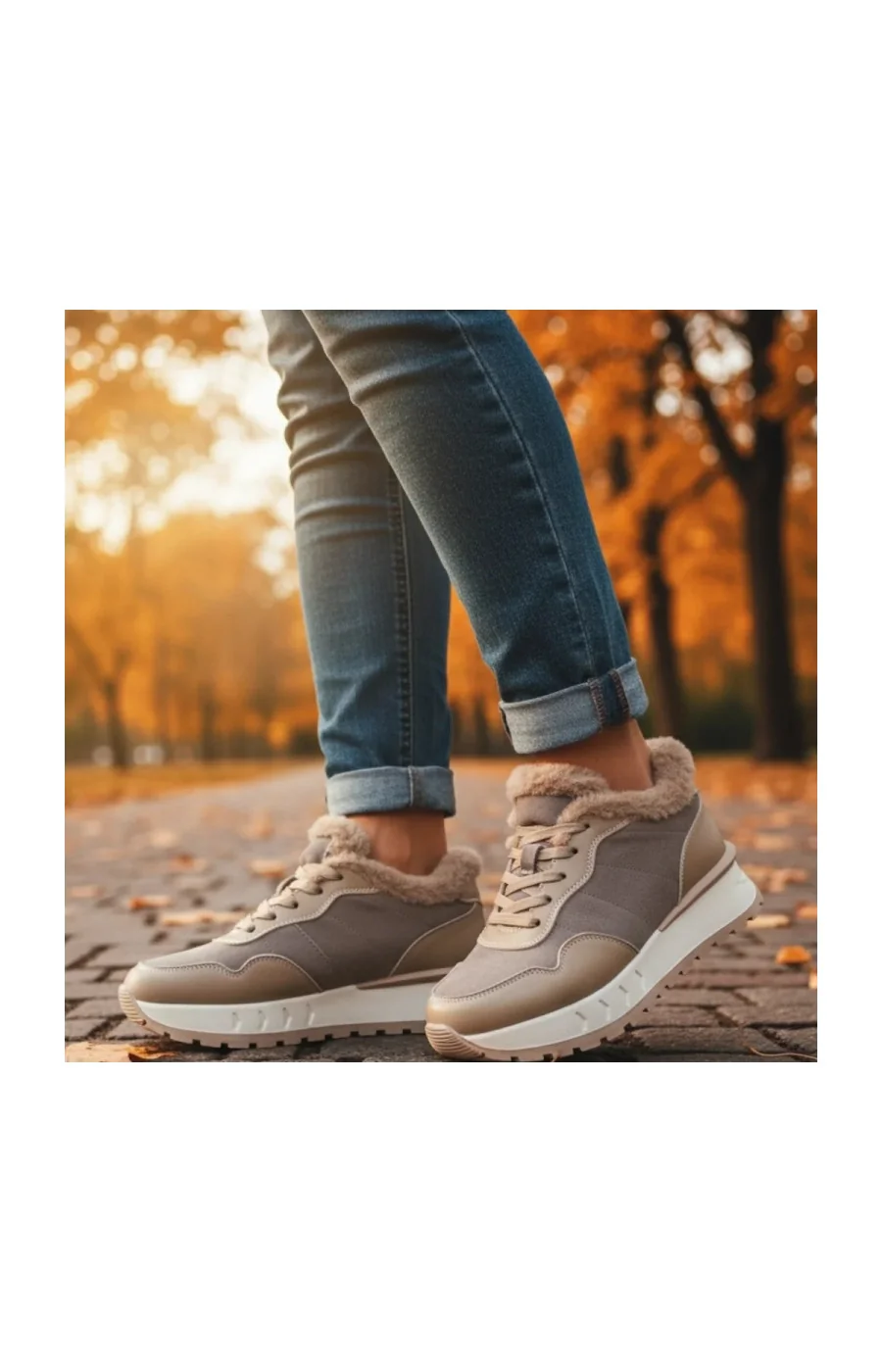 Pantofi de damă casual Khaki cu căptușeală din blană, piele, talpă groasă (F001-867)