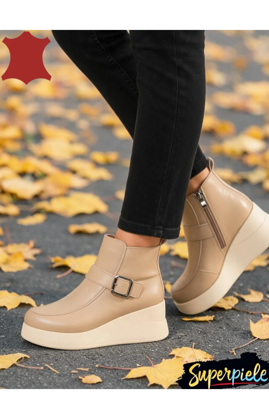 Botine damă din piele naturală cu talpă înaltă