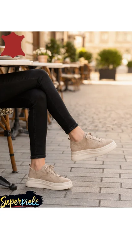 Pantofi Casual Damă din Piele Naturală Întoarsă Cu talpă groasă