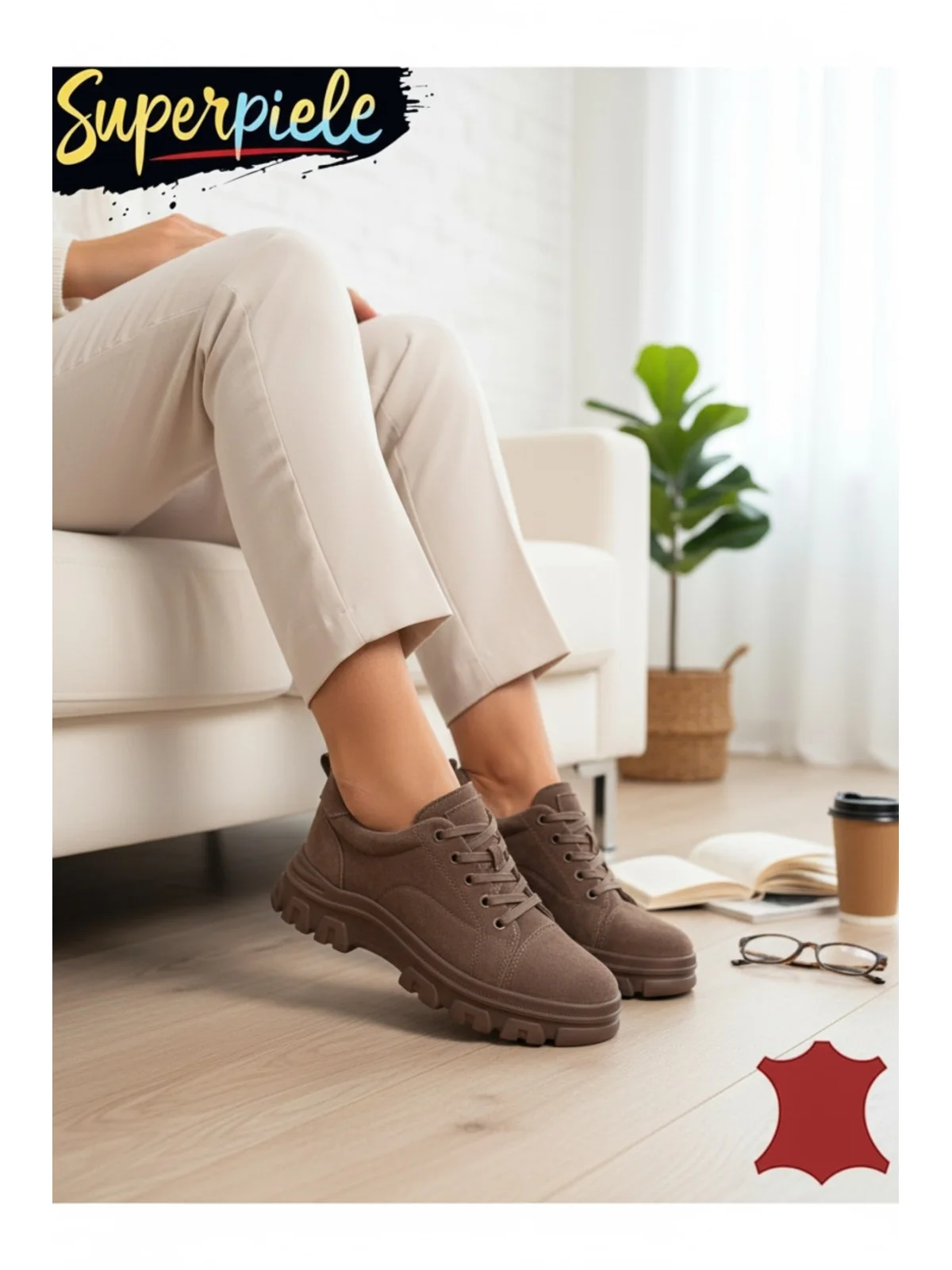 Sneakers beige Leather damă piele naturală super ușori și comozi