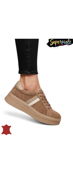 Sneakers din piele naturală – talpă 4 cm, închidere cu șiret