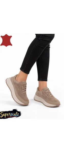 Sneakers din piele naturală & piele întoarsă – talpă groasă 5 cm