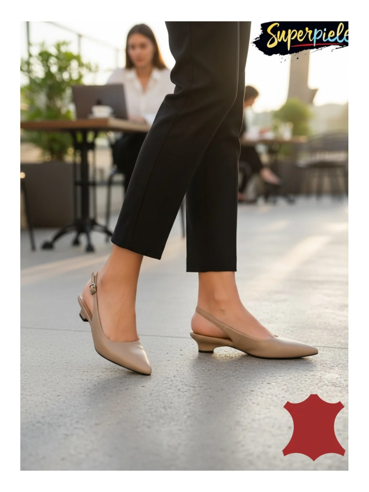 Pantofi slingback din piele naturală, toc gros mic