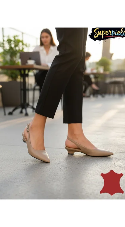 Pantofi slingback din piele naturală, toc gros mic