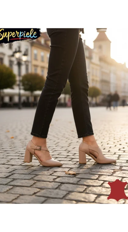 Pantofi damă decupați cu toc gros din piele naturală