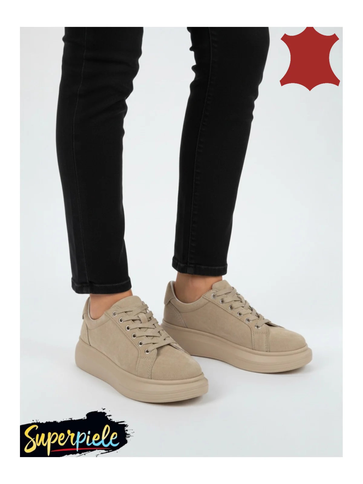 Pantofi casual dama beige Leather din piele naturala intoarsa cu talpa groasa de 5 cm