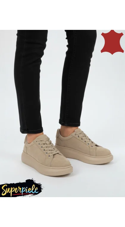 Pantofi casual dama beige Leather din piele naturala intoarsa cu talpa groasa de 5 cm