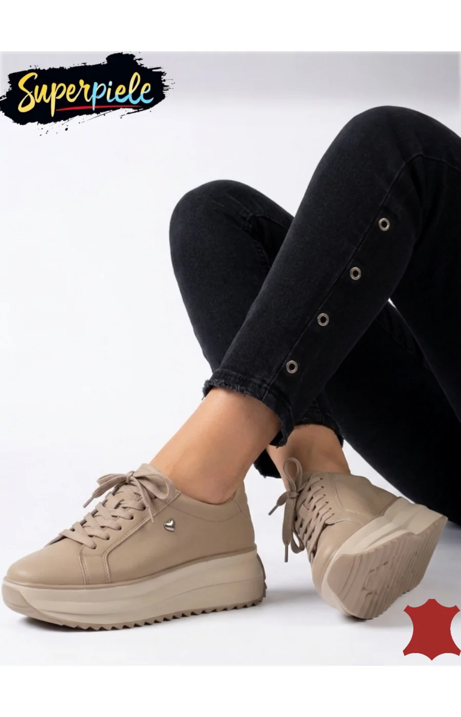 Sneakers dama piele naturala Khaki cu inimioara metalica