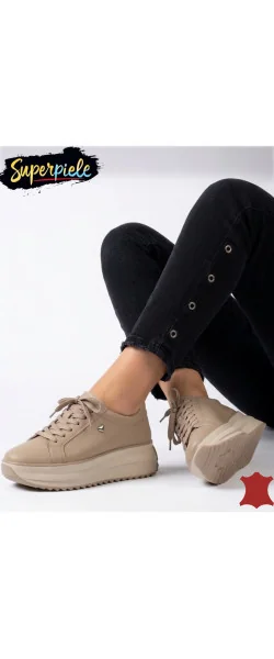 Sneakers dama piele naturala Khaki cu inimioara metalica