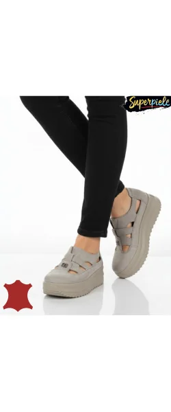 Pantofi casual piele naturală întoarsă,perforați fără șireturi cu talpă înaltă ,cataramă decorativă