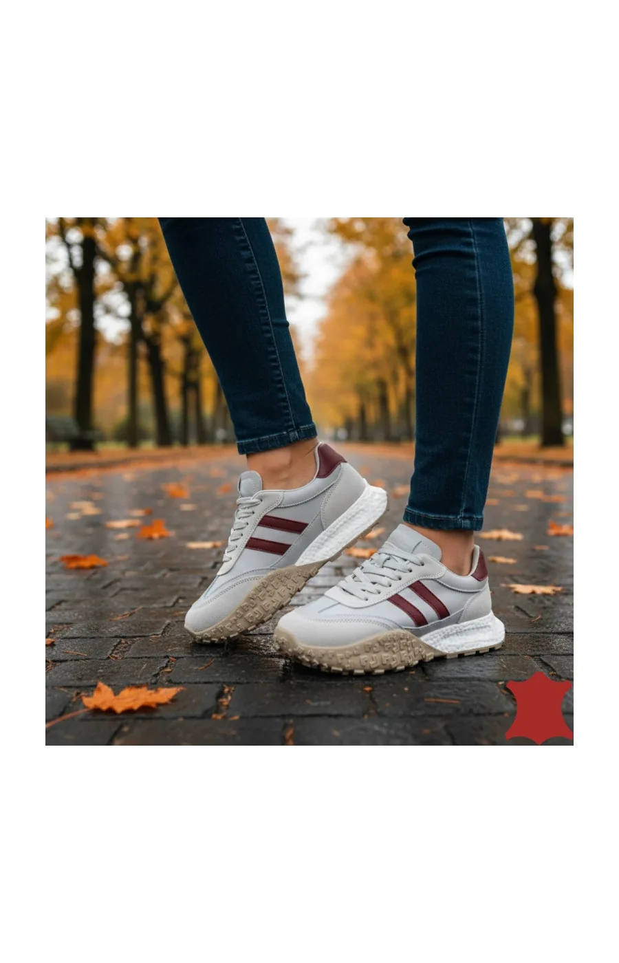 Teniși din piele grey Leather și Brown pentru femei cu șireturi JY6590