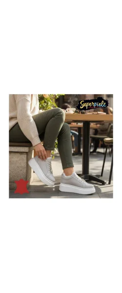 Pantofi casual beige Leather pentru femei din piele, cu talpă înaltă și dantelă decorativă, căptușiți cu blană, T-7011