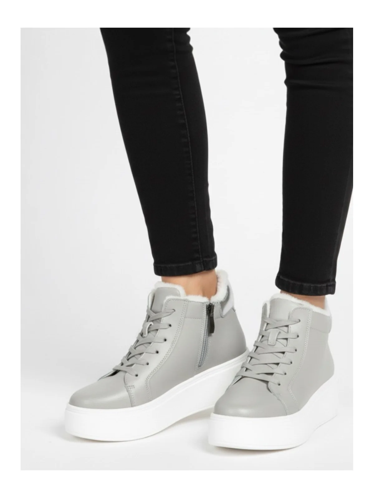 Ghete dama imblanite grey Leather cu talpa groasa închidere cu fermoar si șireturi