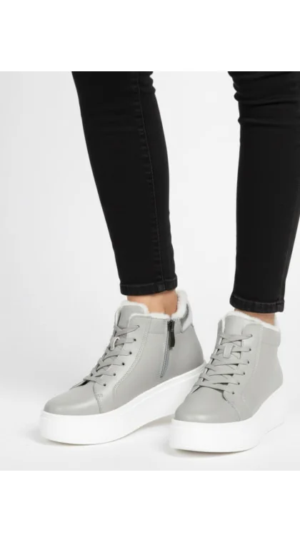 Ghete dama imblanite grey Leather cu talpa groasa închidere cu fermoar si șireturi