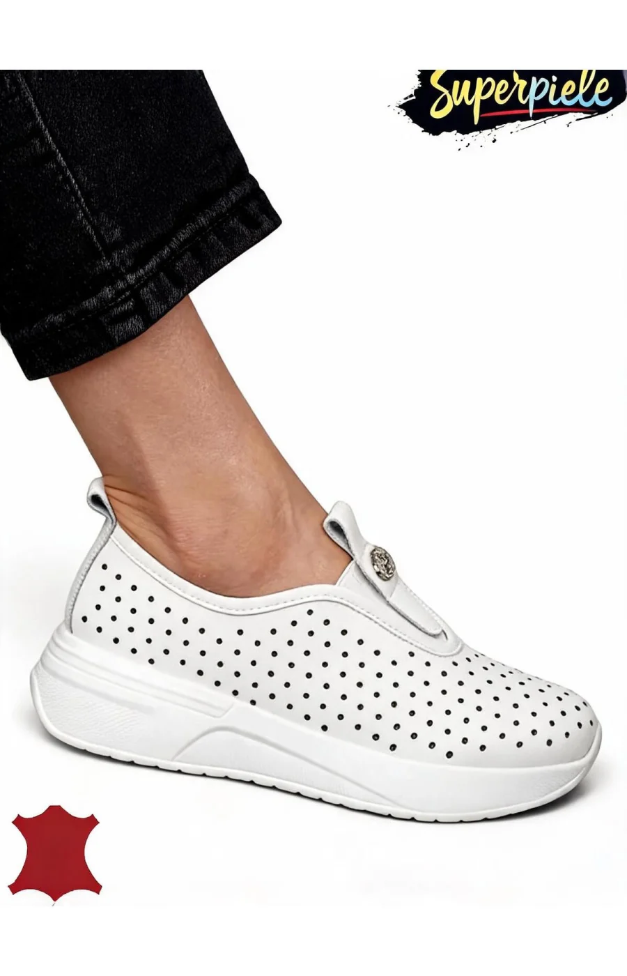 Pantofi casual dama piele naturala perforati cu inchidere slip-on