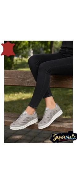 Pantofi Casual Dama perforate din Piele Naturala cu Sclipici Gold Leather |MARKO|