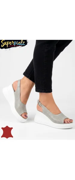 Sandale dama piele naturala perforate albe cu talpa tip platforma