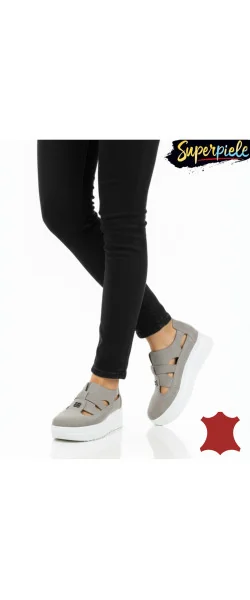 Pantofi casual piele naturală întoarsă,perforați fără șireturi cu talpă înaltă ,cataramă decorativă