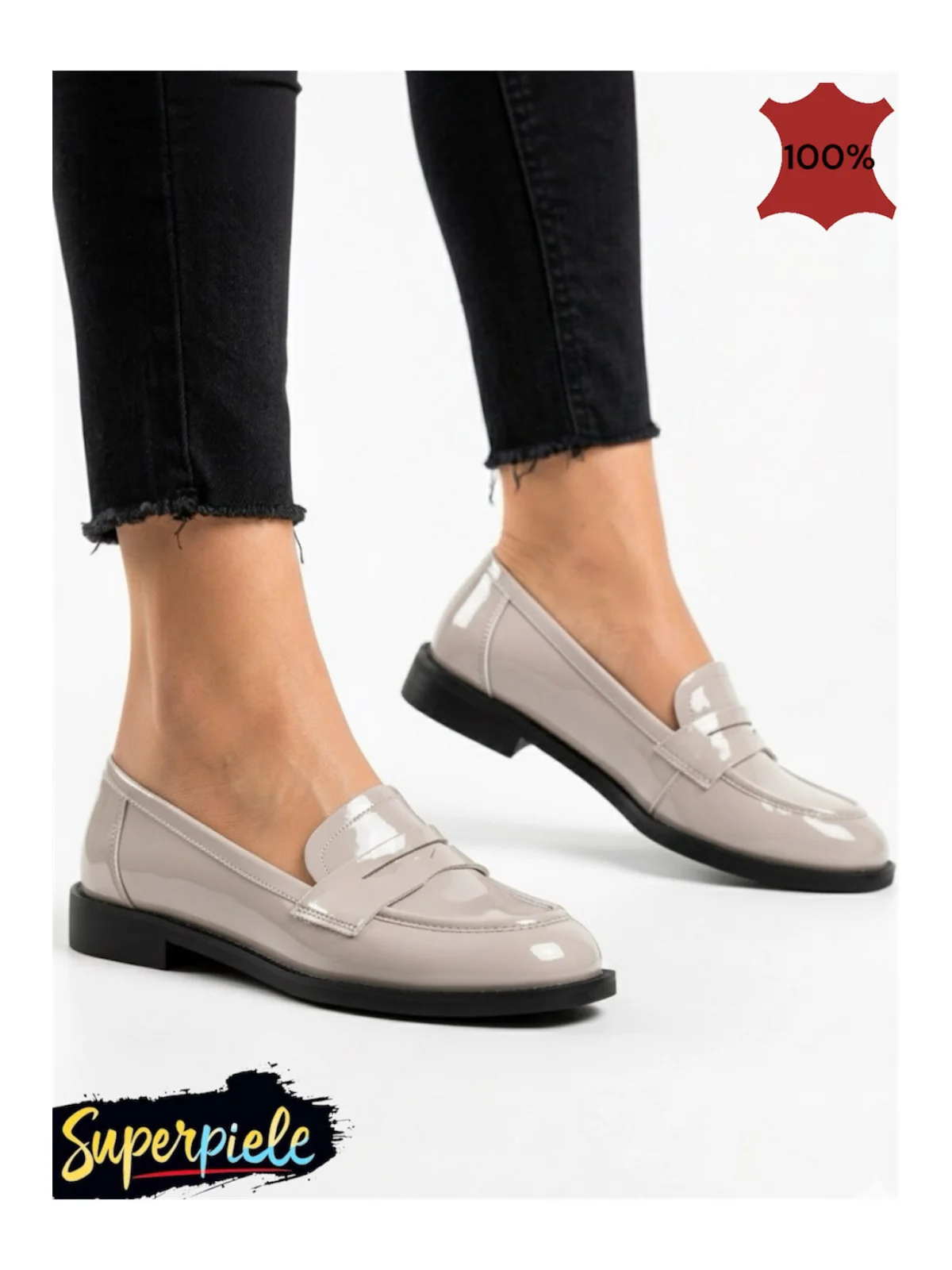 Mocasini casual damă din piele lăcuită, grey Leather, fără slip-on