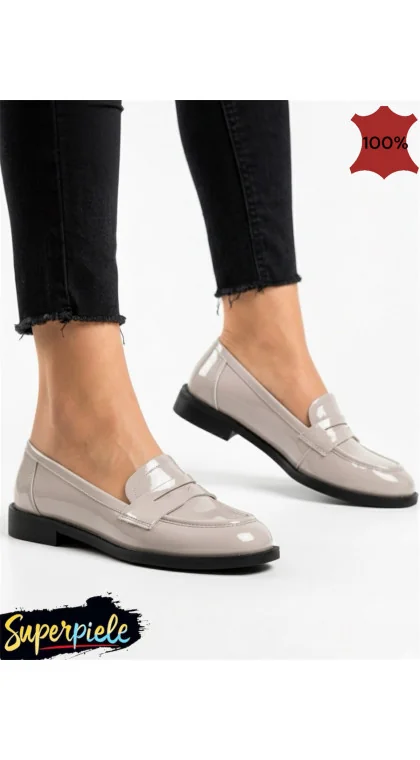Mocasini casual damă din piele lăcuită, grey Leather, fără slip-on