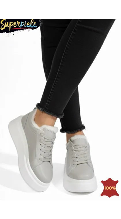 Pantofi casual grey Leather cu blană, din piele, cu talpă înaltă, pentru iarnă