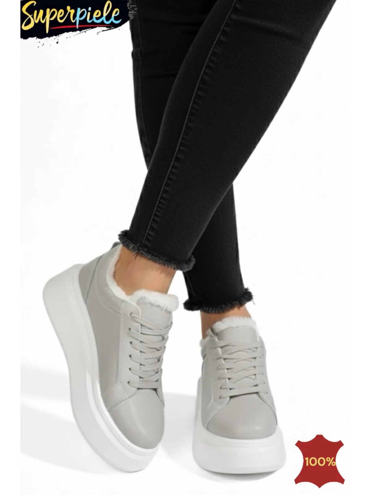 Pantofi casual grey Leather din piele, cu talpă înaltă și căptușeală din blană