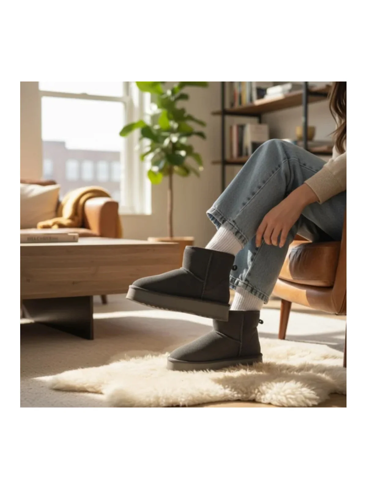 Ghete grey Leather de damă cu căptușeală de blană, din piele întoarsă, model UG
