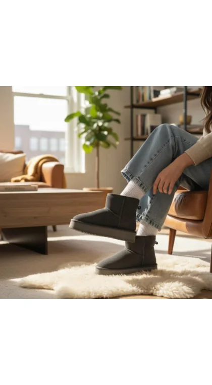 Ghete grey Leather de damă cu căptușeală de blană, din piele întoarsă, model UG