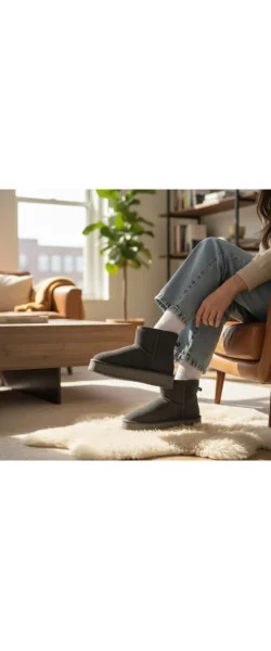 Ghete grey Leather de damă cu căptușeală de blană, din piele întoarsă, model UG