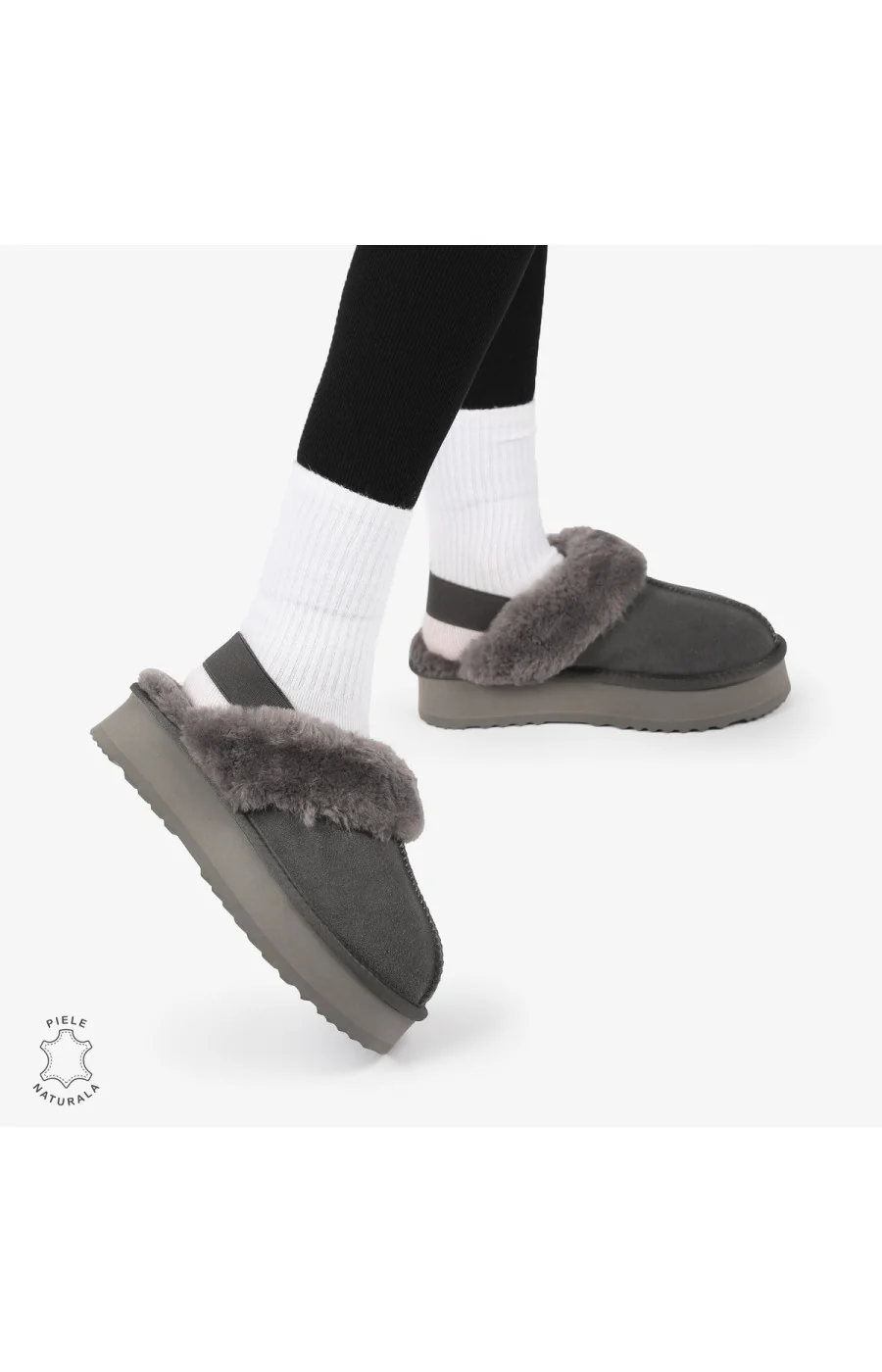 Papuci de iarnă pentru femei din piele naturală cu elastic în spate CRL12691 Culoare Black Leather