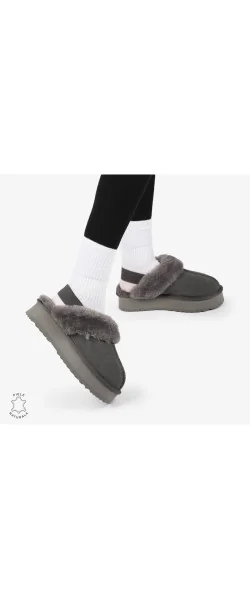 Papuci de iarnă pentru femei din piele naturală cu elastic în spate CRL12691 Culoare Black Leather