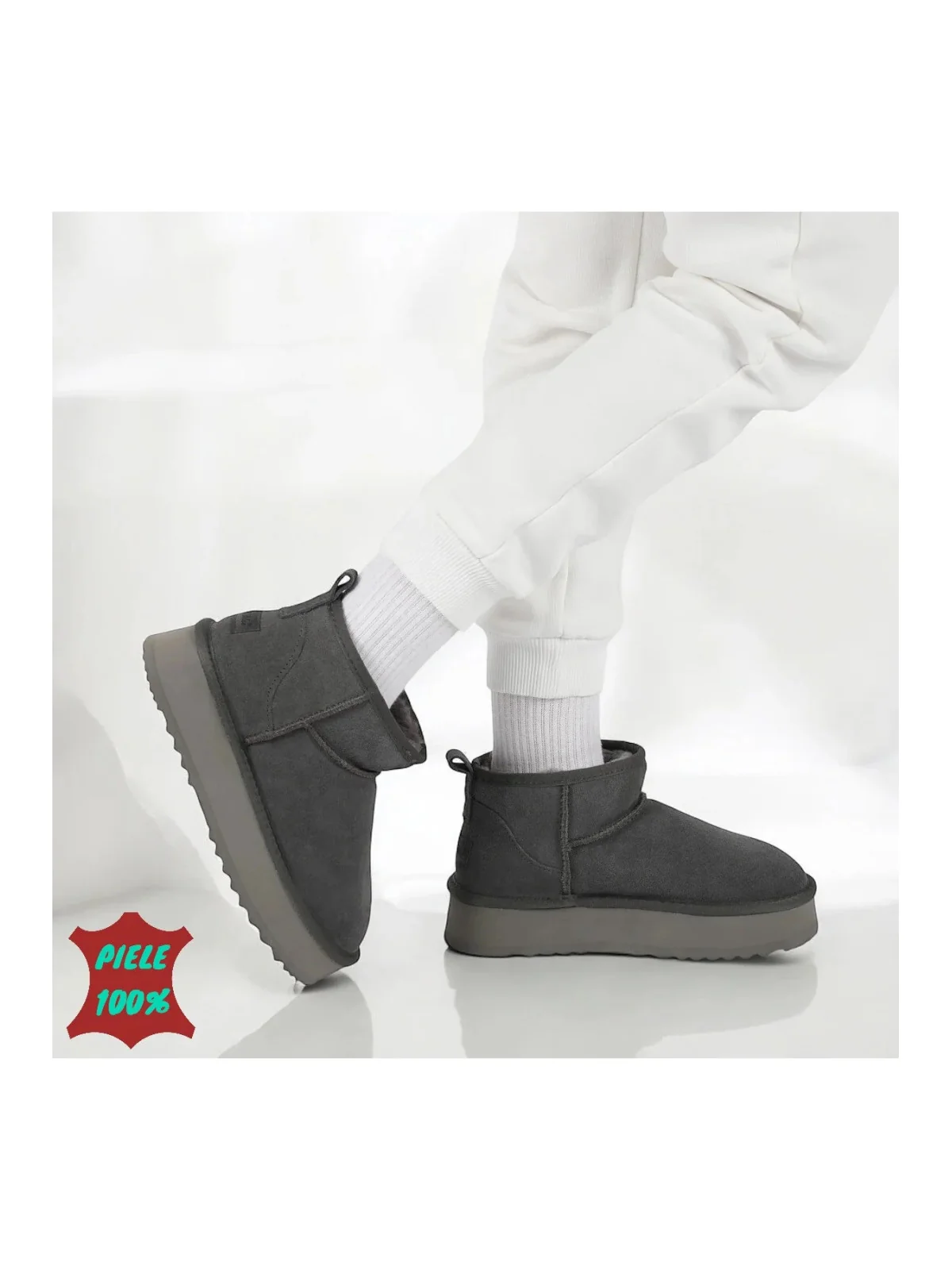 Ghete grey Leather scurte, căptușite cu blană, piele întoarsă