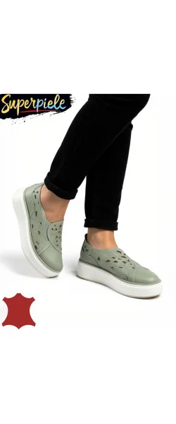 Sneakers dama din piele naturală cu perforație decorative