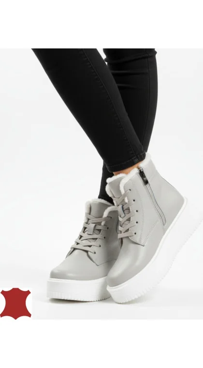 Ghete dama piele naturala grey Leather cu fermoar si șireturi