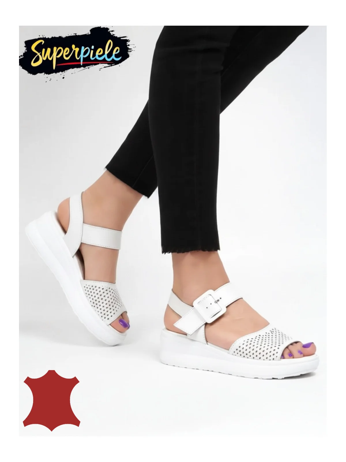 Sandale dama piele naturala white Leather cu inchidere catarama