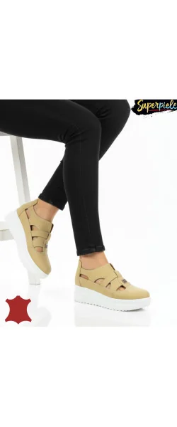 Pantofi casual piele naturală întoarsă,perforați fără șireturi cu talpă înaltă ,cataramă decorativă