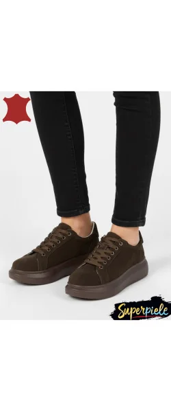 Pantofi casual dama beige Leather din piele naturala intoarsa cu talpa groasa de 5 cm