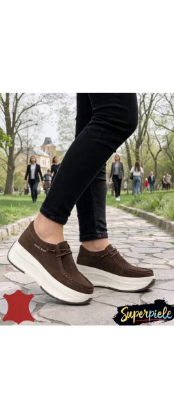 Pantofi Casual Damă din Piele Naturală Întoarsă – Talpă Groasă & Șiret Elastic