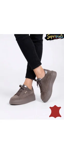 Pantofi casual dama beige Leather din piele naturala intoarsa cu talpa groasa de 5 cm