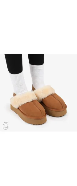 Papuci de iarnă pentru femei din piele naturală cu elastic în spate CRL12691 Culoare Black Leather