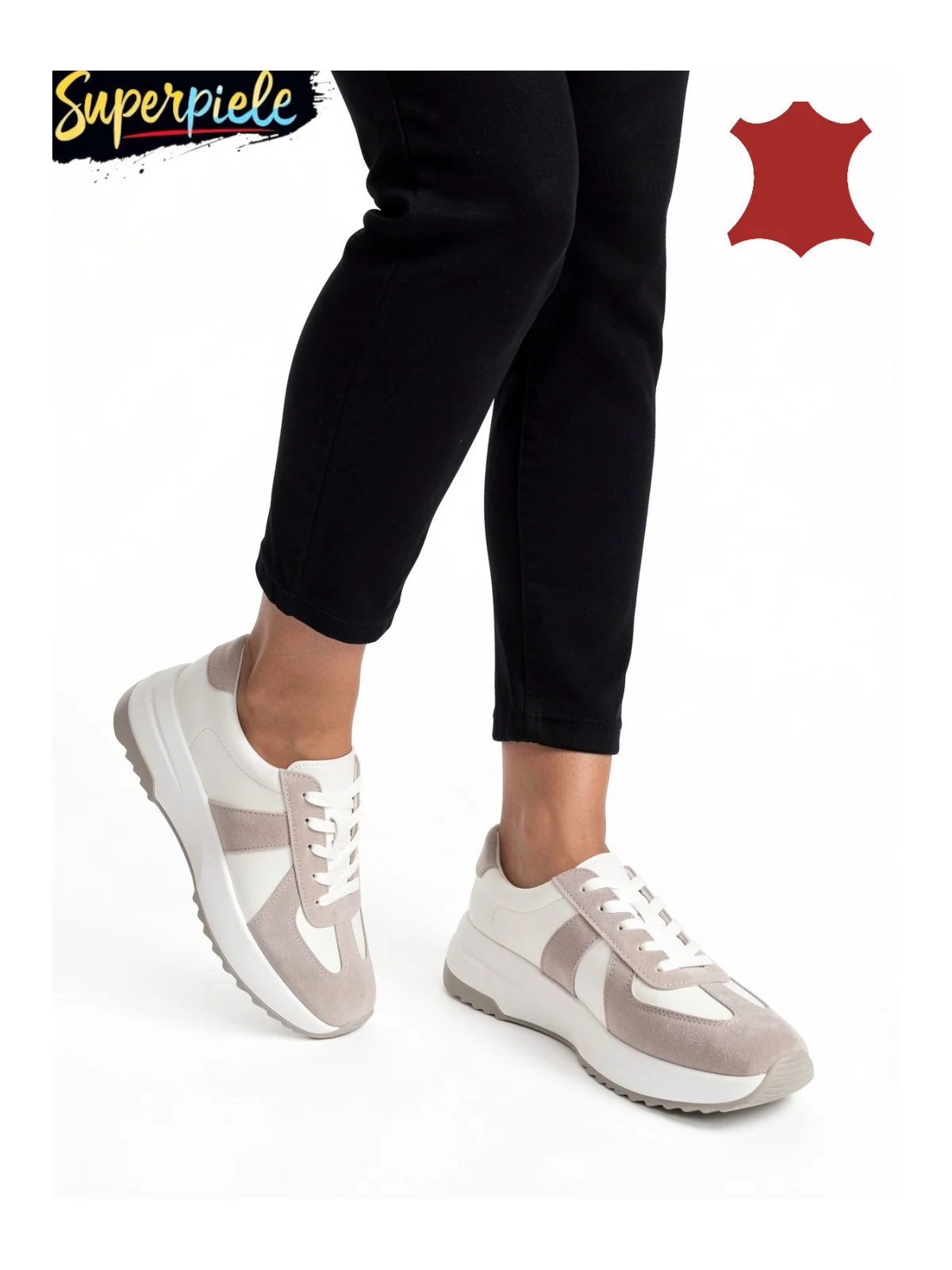Pantofi casual damă piele naturală cu inserție de piele întoarsă,talpă groasă, închidere cu șireturi