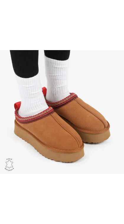 Papuci de iarnă cu talpă înaltă din PIELE ÎNTOARSĂ NATURALĂ CRL12681 CULOARE Beige Leather