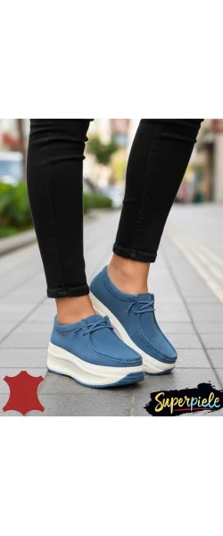Pantofi Casual Damă din Piele Naturală Întoarsă – Talpă Groasă & Șiret Elastic