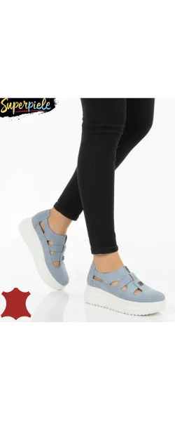 Pantofi casual piele naturală întoarsă,perforați fără șireturi cu talpă înaltă ,cataramă decorativă