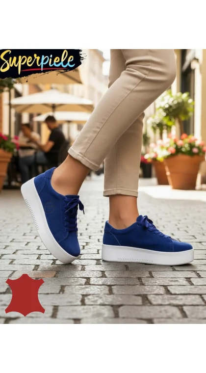 Pantofi casual dama piele naturala intoarsa Blue Leather regal cu talpa alba