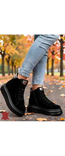 Ghete casual dama piele naturala intoarsa cu talpa groasa de 5 cm