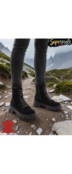 Ghete damă din Piele Naturala cu Toc Gros Pătrat