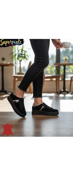 Sneakers din piele naturală – talpă 4 cm, închidere cu șiret