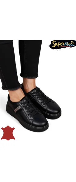 Sneakers din piele naturală – talpă 4 cm, închidere cu șiret