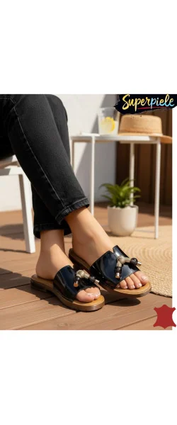 Papuci dama casual din piele naturală cu accesorii decorative